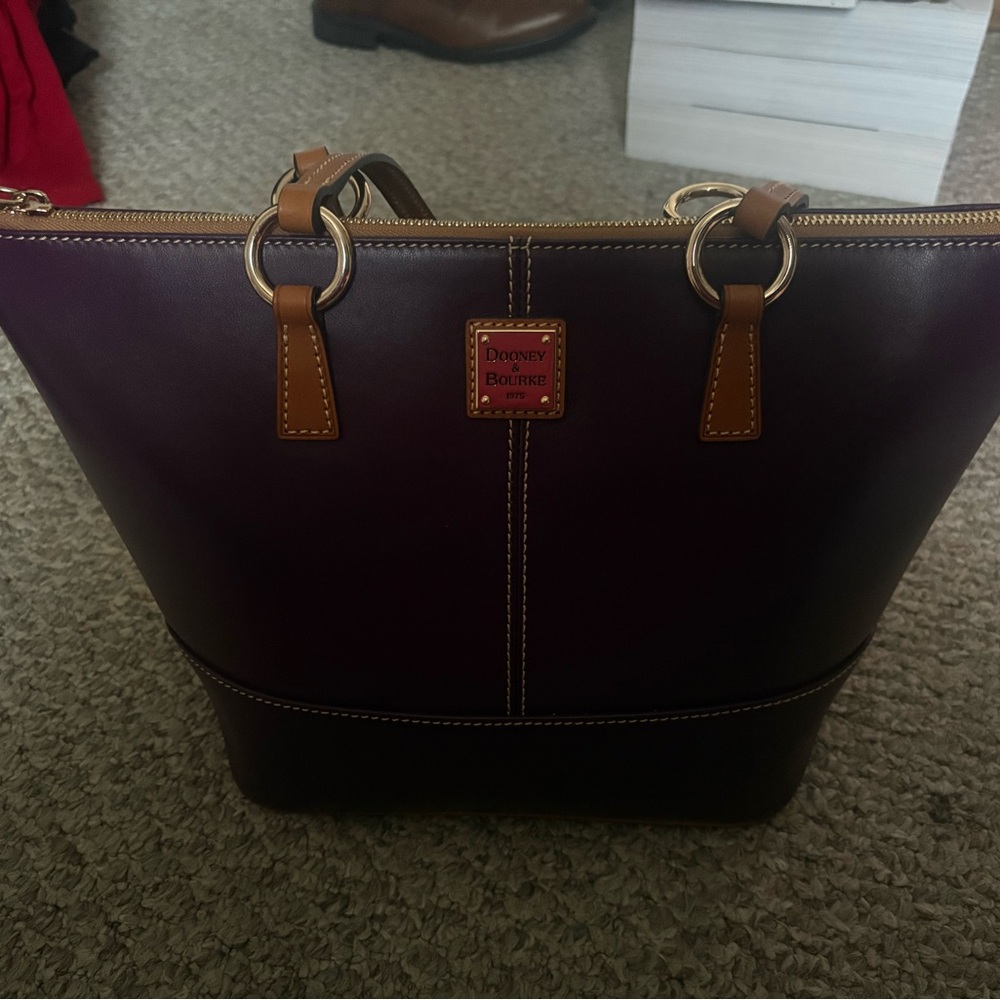 Dooney & Bourke Plum and Brown Leather Tote with Tan Trim